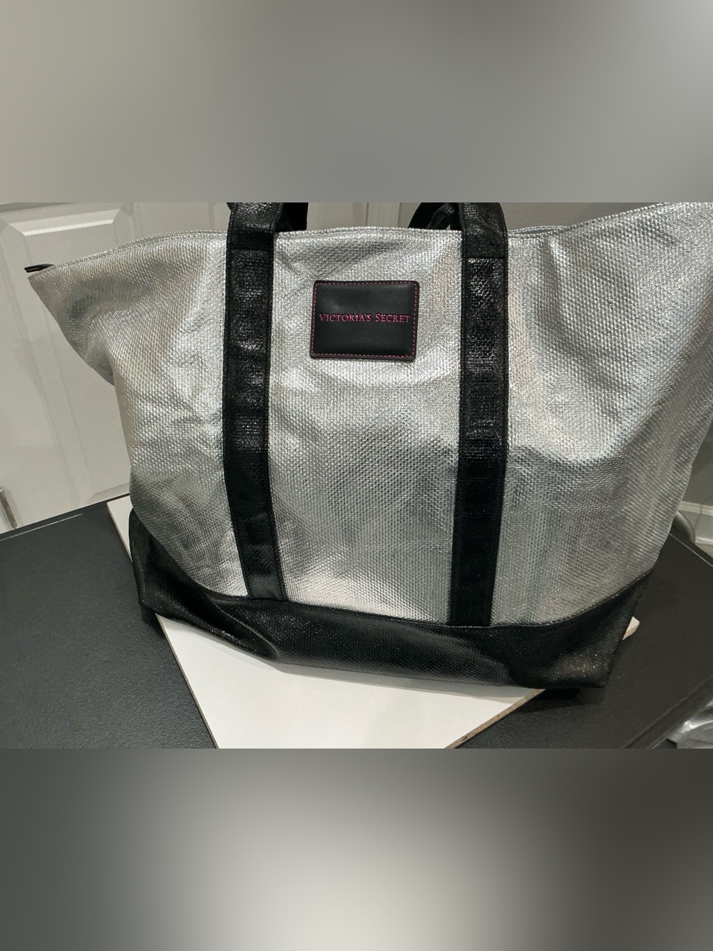 Victoria’s Secret large metallic, silver & black zip tote Travel weekender